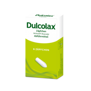 Verpackung von Dulcolax Zäpfchen mit dem Wirkstoff Bisacodyl, Abführmittel, grün-weiße Gestaltung.