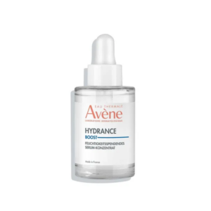 Transparente Flasche mit Pipette, enthält feuchtigkeitsspendendes Serum von Avène, bezeichnet als Hydrance Boost.