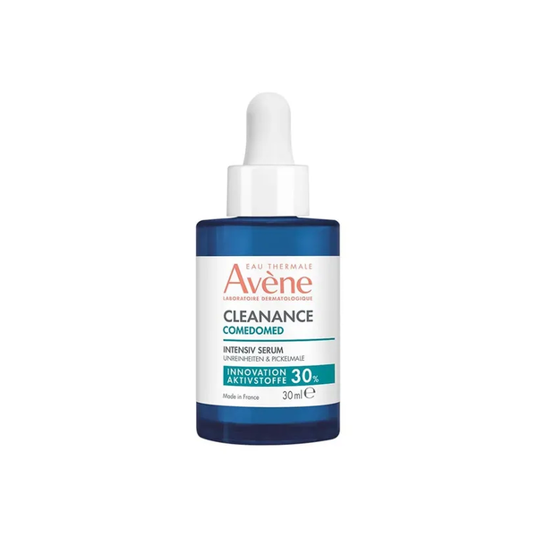 Flasche mit intensivem Serum von Avène zur Behandlung von Unreinheiten, 30 ml, mit Pipette und blauem Etikett.