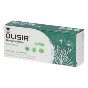 Verpackung von OLISIR Antiallergikum mit 20 mg Bilastin, 30 Tabletten, grün und weiß gestaltet.