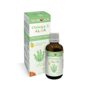Braune Glasflasche mit pflanzlichem Omega-3-Algenöl und grünem Etikett, ergänzt durch eine bunte Verpackung.