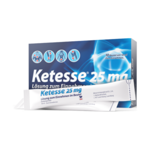 Verpackung von Ketesse 25 mg, einer Lösung zum Einnehmen, mit zehn Beuteln und Anwendungsinformationen.